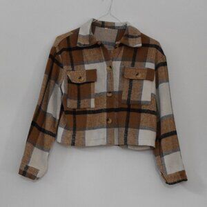 Beige Cropped Plaid Flannel Jacket | Size M